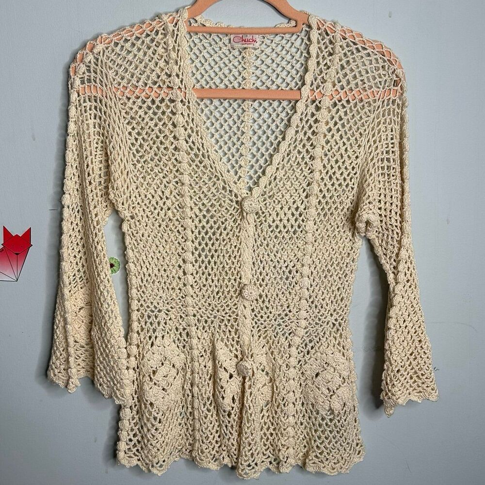 Vintage 1970s ChuChi Imports Crochet Cardigan Sweater Size Medium